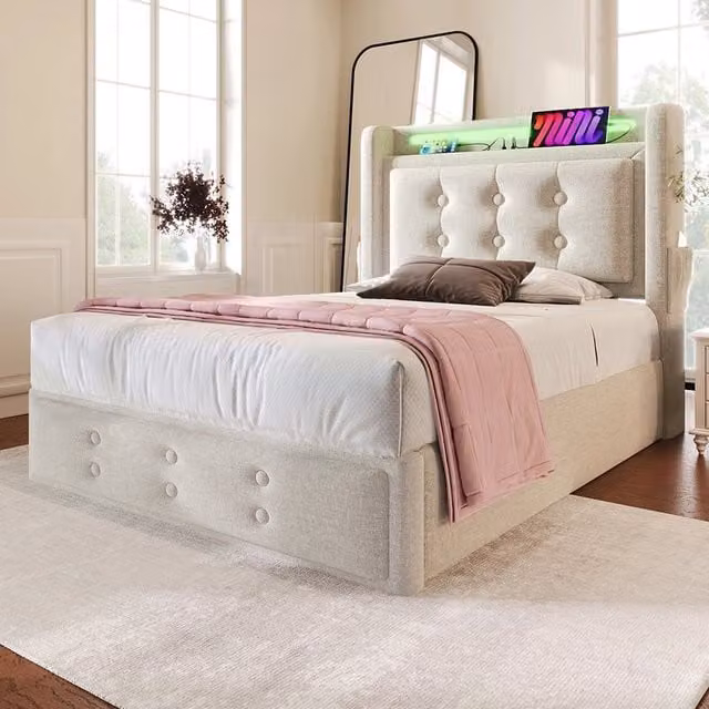 Letto a cassone per adulti 90x200 cm - Xylo - Testiera LED USB C, rete a doghe, Beige