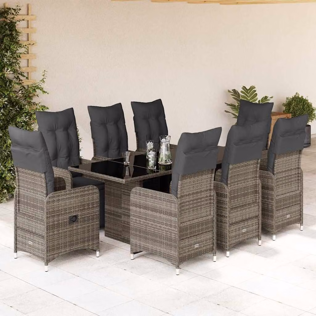 vidaXL Set Bistrò da Giardino 9 pz in Polyrattan e Metallo con Cuscini e Tavolo in Vetro Grigio – 1
