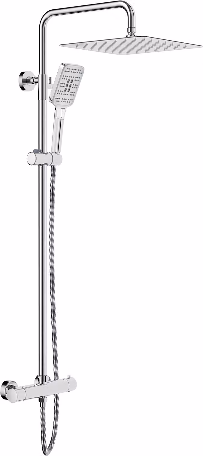 Sistema doccia Rainsworth con termostato, doccia a pioggia quadrata in acciaio inox da 30 cm, soffione a 3 modalità di getto, set doccia 92-126 cm, cromo