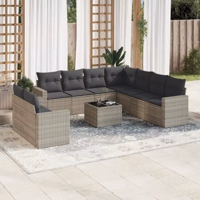 Set Divano da Giardino Moderno VIDAXL in Polyrattan Grigio con 10 Pezzi e Cuscini – 1