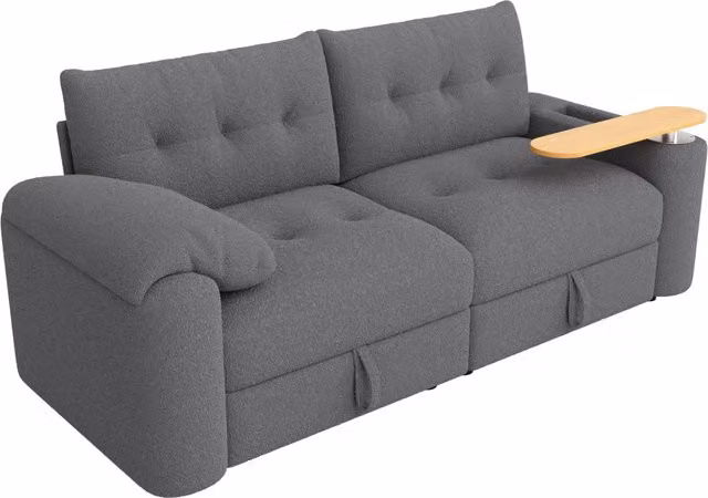 Divano modulare 3 posti piccolo in tessuto Teddy, con contenitore, poggiatesta e tavolino integrato, grigio, 207,5x80x87 cm