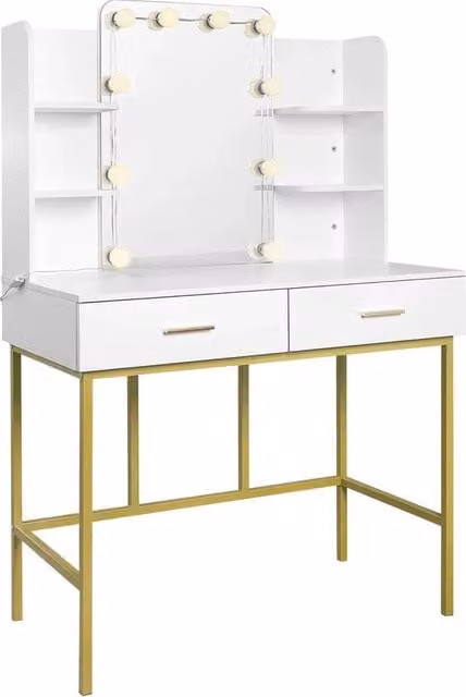 Tavolo da Bagno - 90x45x136 Cm - Illuminazione a Led - Specchio - Design Moderno - Cosmetica - Materiale Legno - Piatto in Oro - Per Trucco