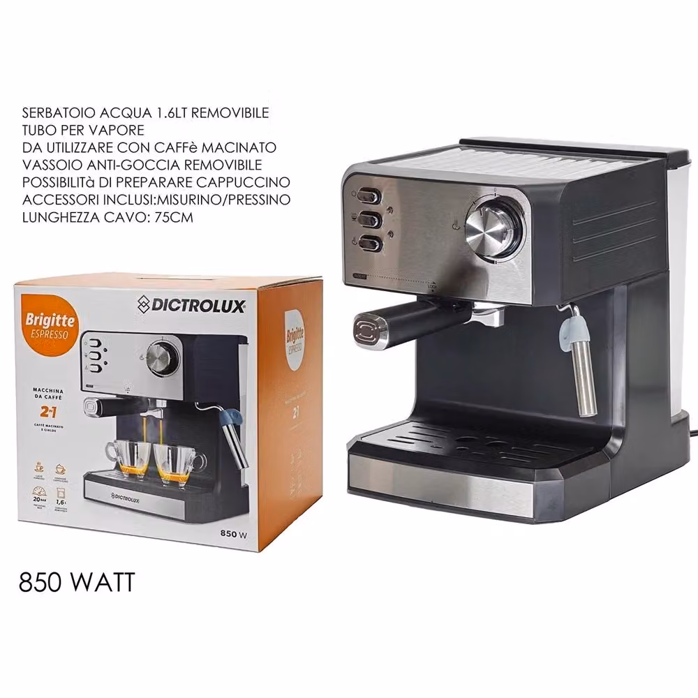 Macchina da Caffè Espresso Trade Shop Traesio 2in1 per Caffè Macinato o Cialde ESE, 850W, con Lancia Vapore, Colore Nero e Argento – 2