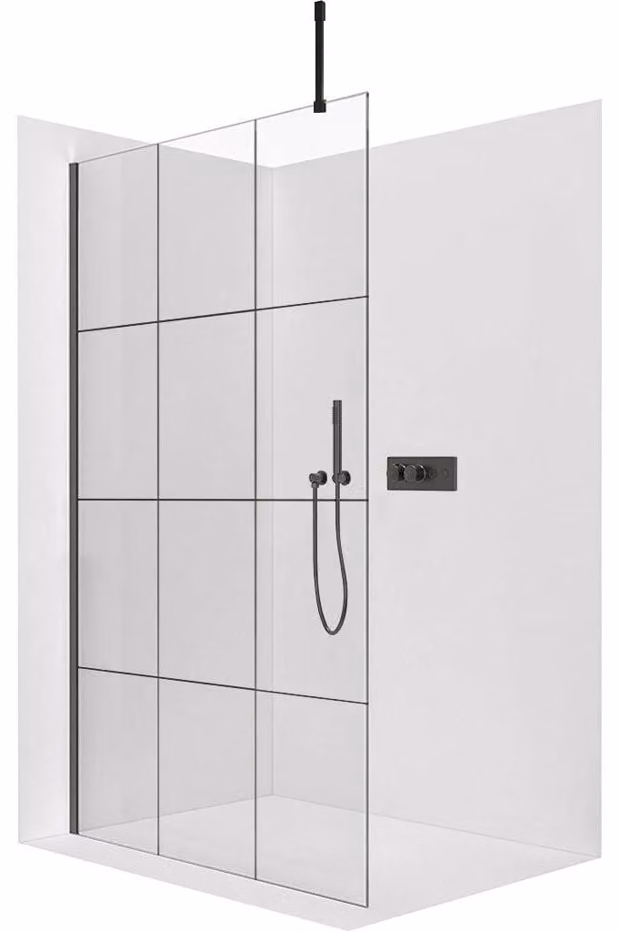 CERANO - Box doccia Walk-in Onyx Top Cube L/P - 8 mm - montante squadrato - nero opaco, vetro industriale - 160x200 cm