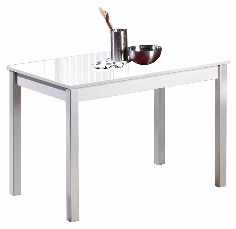 Tavolo da pranzo, dimensioni 90x50 cm, piano in vetro bianco, struttura in metallo