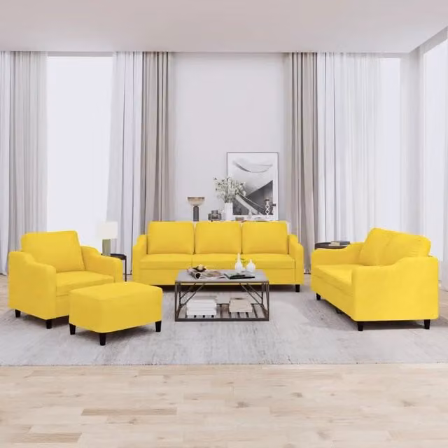 Set di divani moderno vidaXL in tessuto giallo composto da un divano a 3 posti, un divano a 2 posti, un pouf e cuscini coordinati