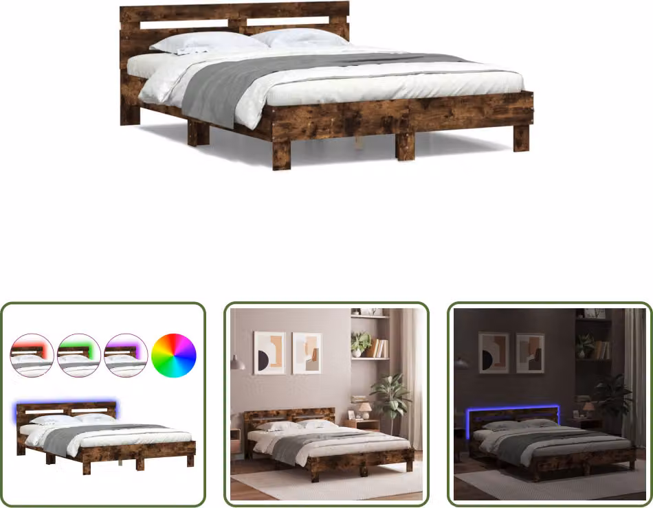 The Living Store Giroletto con testiera Illuminazione LED Rovere fumé 140x190cm