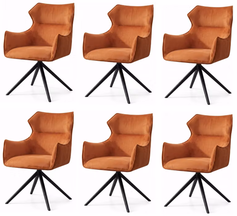 Set di 6 eleganti sedie da pranzo, colore arancione, rivestimento in tessuto, schienale alto