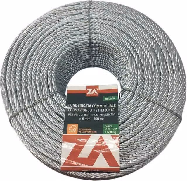 Fune Acciaio Commerciale 72F Ø 12 mm Funi 90 50 Metri