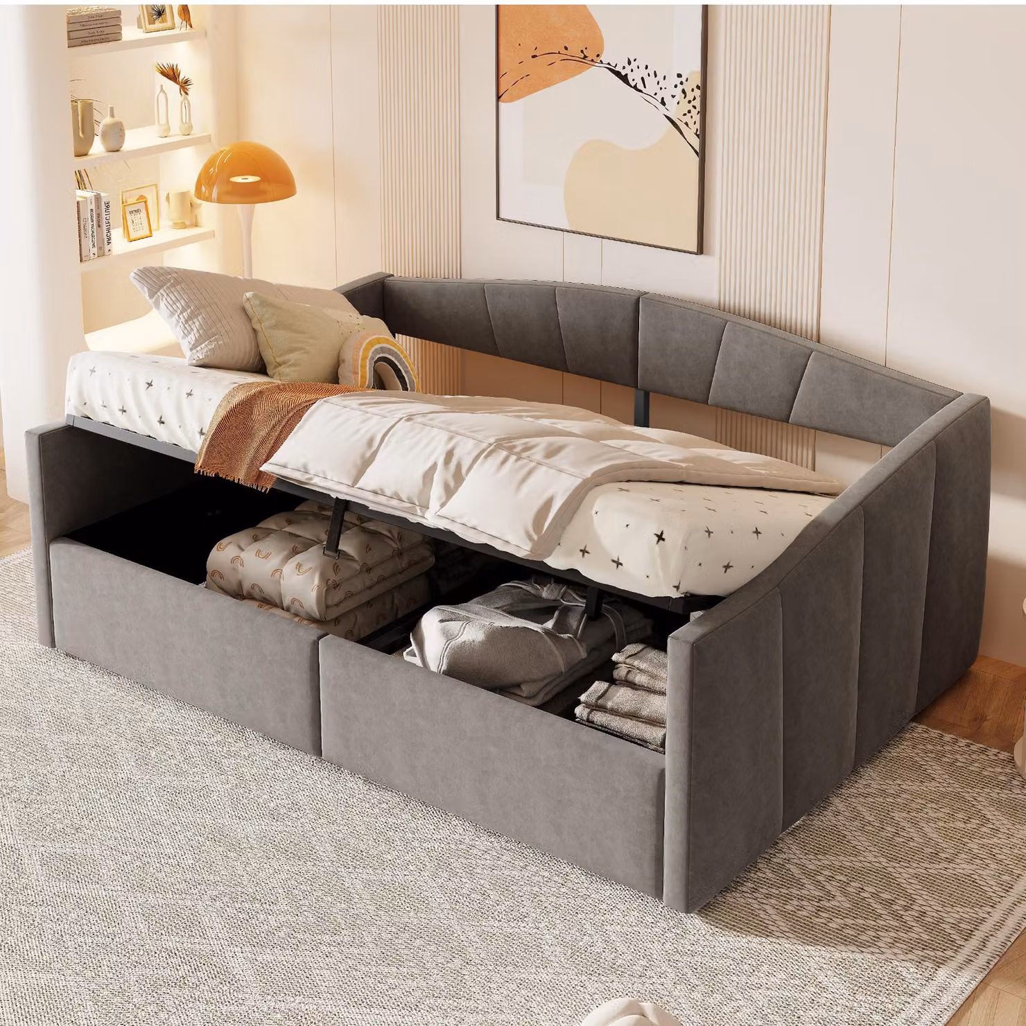 Letto imbottito STILVORA 140×200 con rete a doghe e braccioli, letto per ragazzi con contenitore idraulico, divano letto imbottito in velluto, senza materasso, grigio scuro
