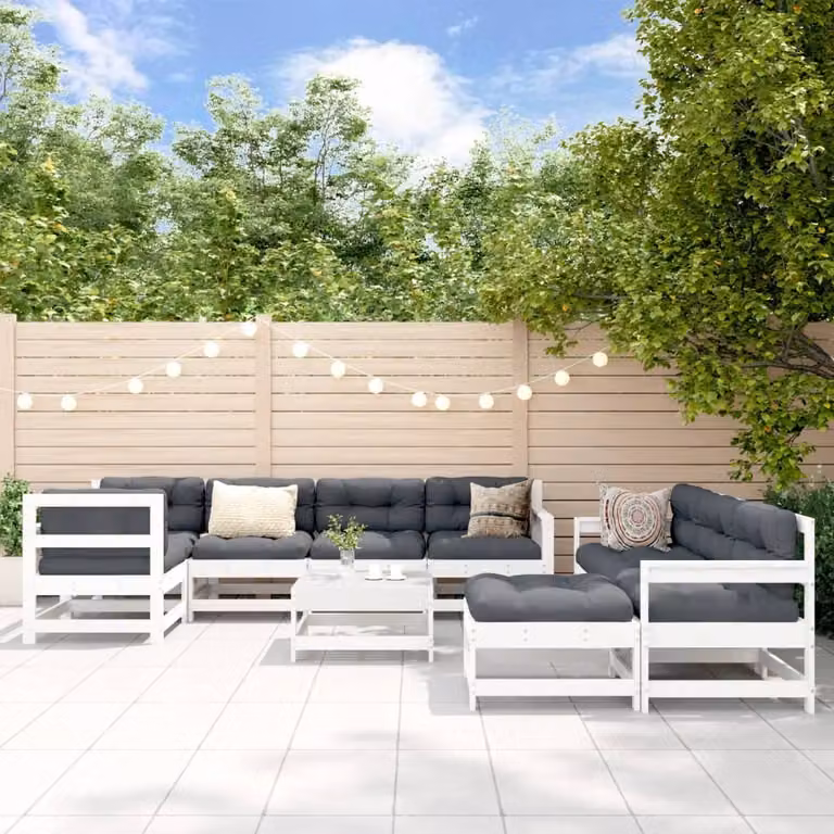 The Living Store Set da giardino da 10 pezzi con cuscini in legno massiccio bianco