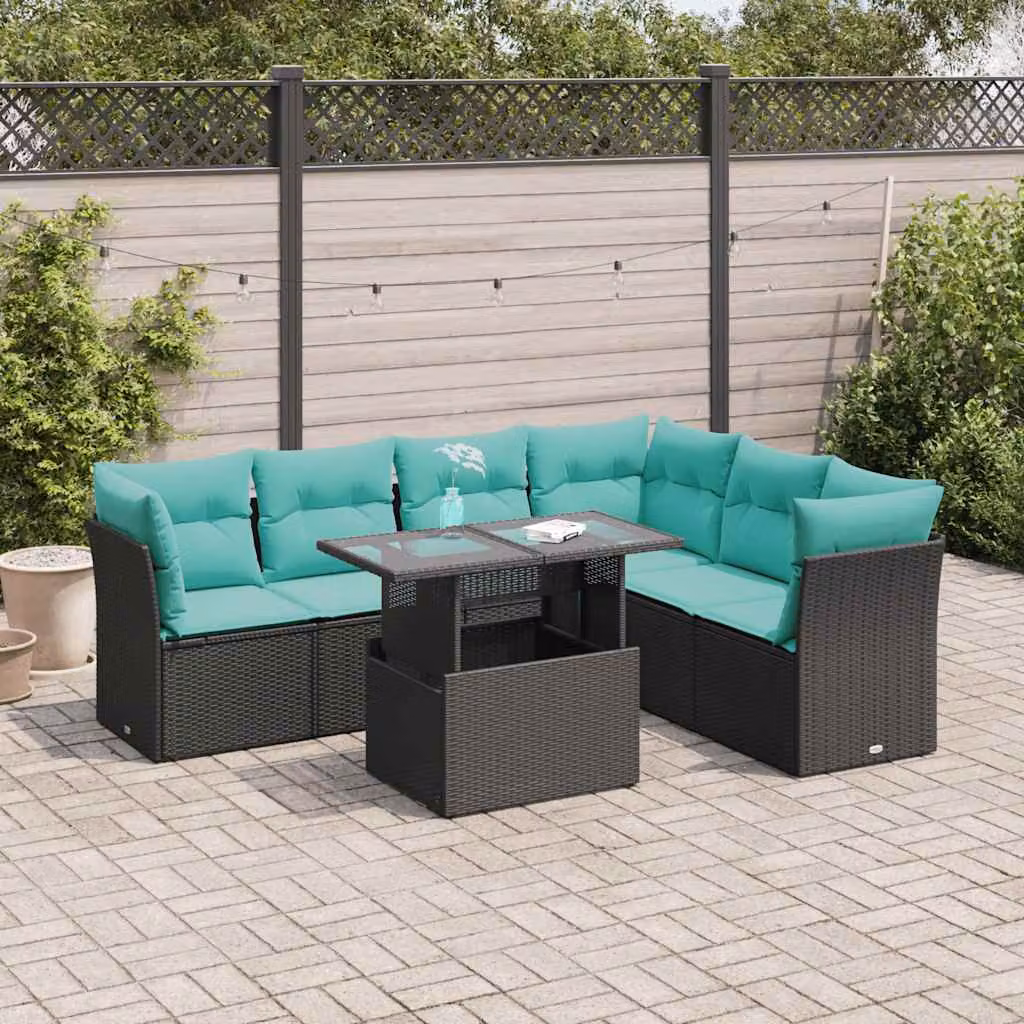 Set di divani da giardino vidaXL 7 pezzi con cuscini in rattan nero e legno di acacia