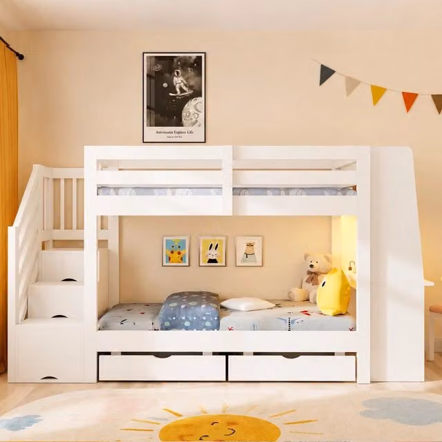 Letto a Castello in Legno 90x200 cm Bianco con Scrivania Integrata; Cassetti; Luci LED e Prese Elettriche