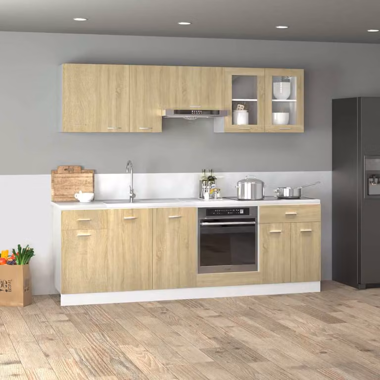 Set di mobili da cucina moderno vidaXL Lyon in legno e MDF marrone e beige con ante a vetro e ripiani interni