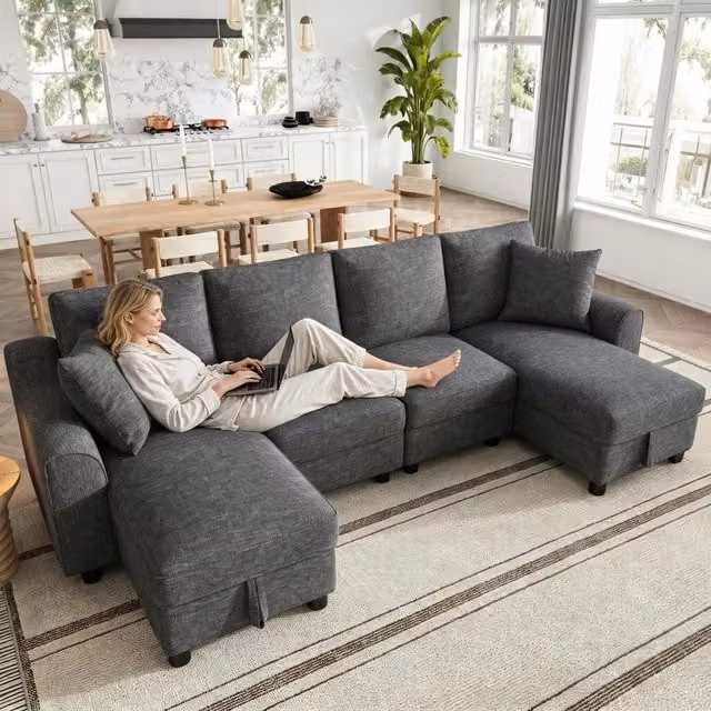 Divano angolare U a 2 posti con chaise longue ¨C Minimal ¨C Grigio tessuto chenille contenitore cuscini 280x137x84 cm