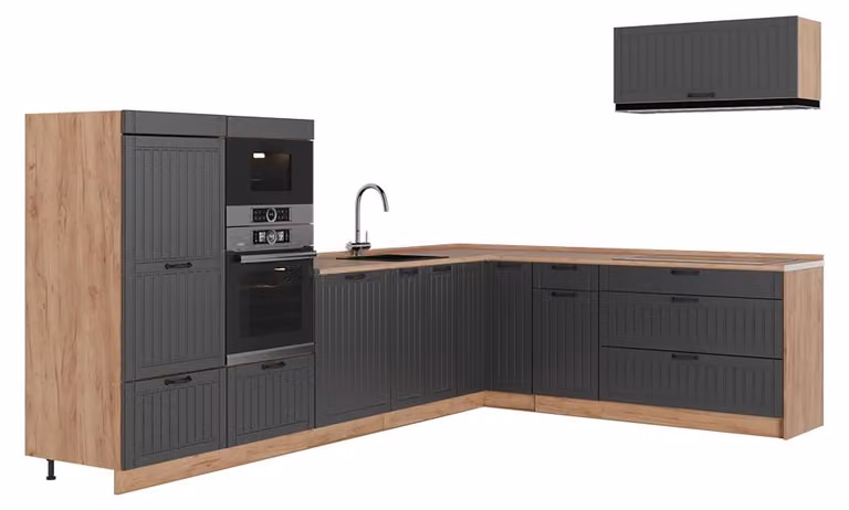 Cucina angolare completa Vicco Fame-Line Grigio scuro/Rovere dorato 327 x 227 cm, PL Rovere, Model 64389