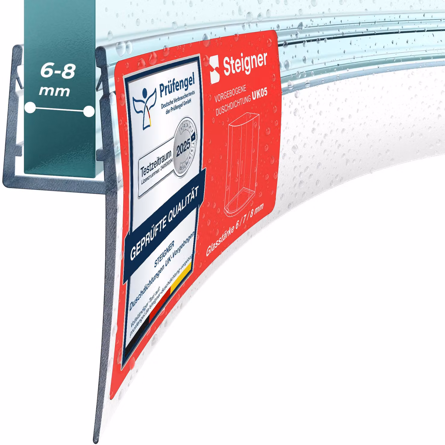 STEIGNER Guarnizione doccia, 130cm, per spessore vetro 6/7/ 8 mm, guarnizione semicircolare in PVC, UK05