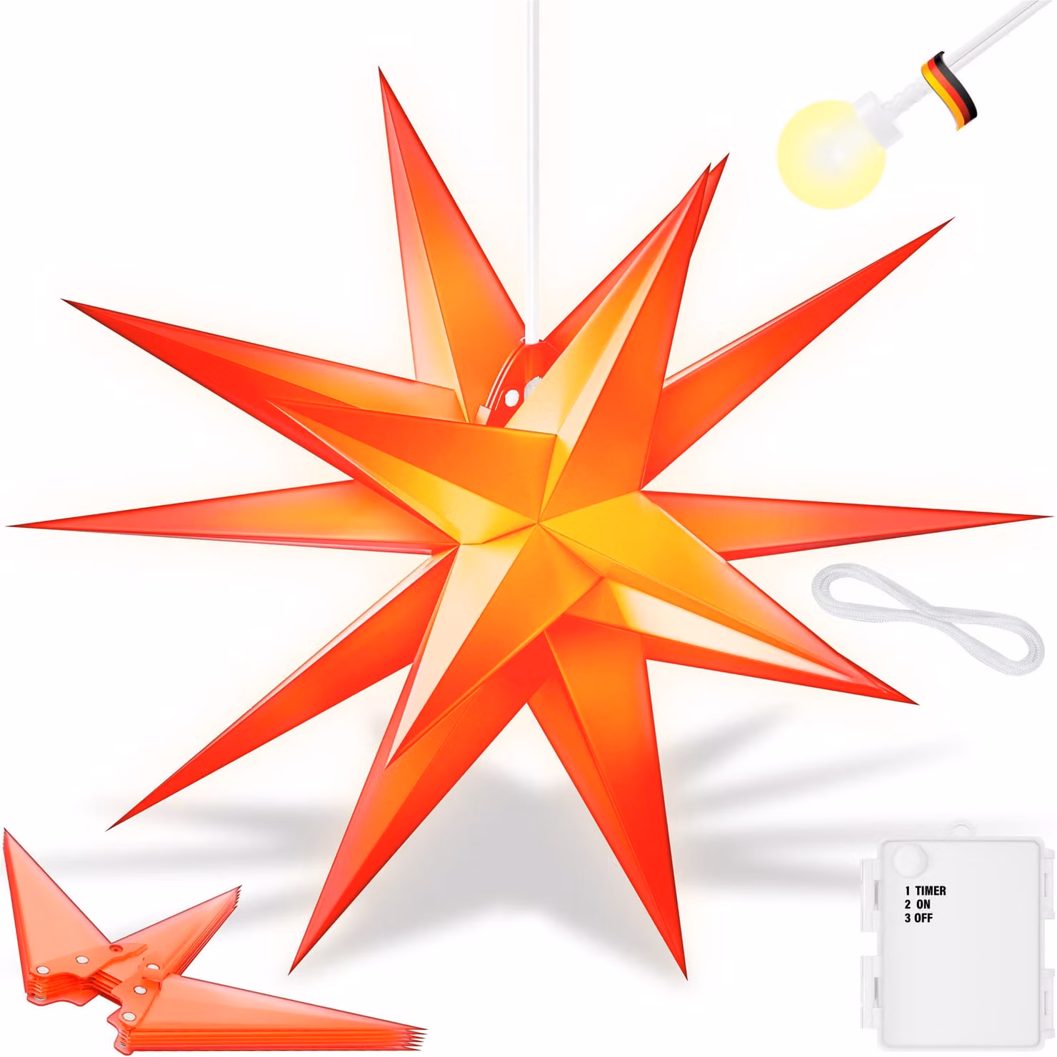 KESSER® stella illuminata 3D, stella di Natale a LED con timer per interni ed esterni, stella dell'Avvento illuminata da appendere + luce bianca calda