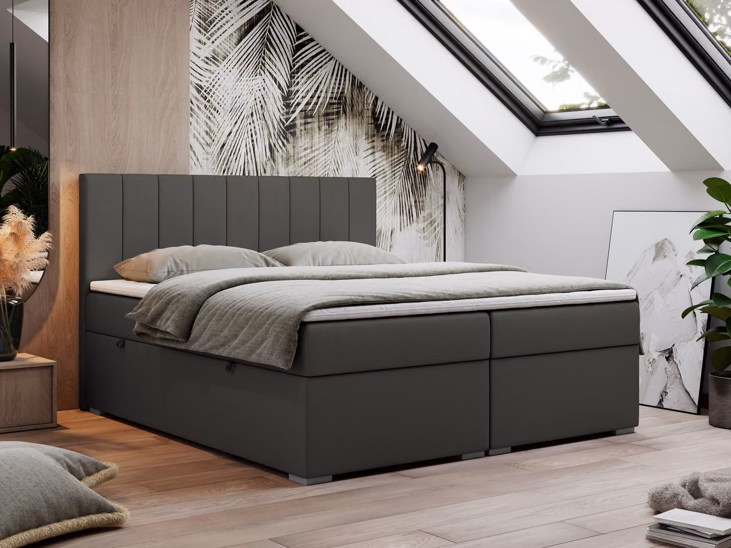 Letto boxspring 200x200, letto 200x200 con materasso e coprimaterasso, letto boxspring con cassetti, letto matrimoniale - LOPE - 200x200 - Grigio scuro - Pelle finta - H4
