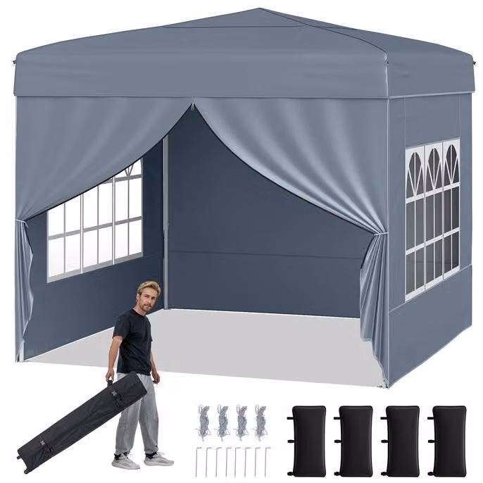 KOMFOTTEU, padiglione pop-up 3x3 metri, gazebo da giardino pieghevole con pareti laterali removibili, struttura in metallo, finestre trasparenti, 4 sacchi di sabbia, borsa da trasporto, gazebo pieghevole per barbecue, picnic, campeggio (grigio)