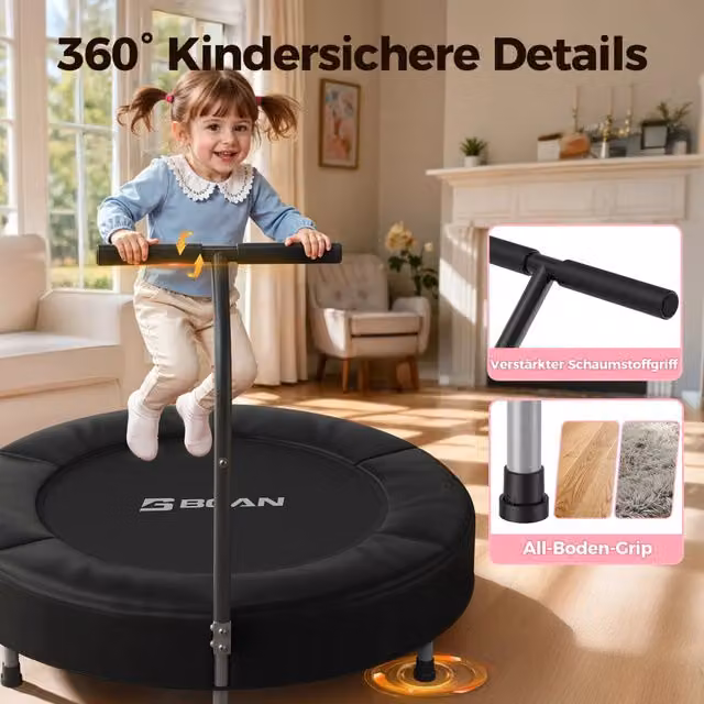 Mini Trampolino per Bambini XYLO Nero con Maniglia in Schiuma e Struttura in Metallo, Certificato ASTM, Diametro: 91 cm – 1