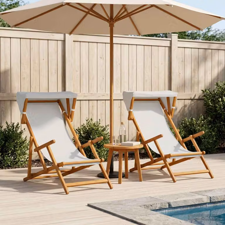 Set di 2 lettini prendisole vidaXL in legno di eucalipto massello con poggiatesta regolabile e tessuto resistente ai raggi UV, colore beige