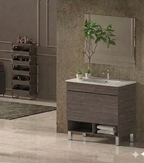 Mobile Bagno NEBARI com gambe Già Montato 1 cassetto, lavabo e specchio Rovere affumicato 80x45 cm