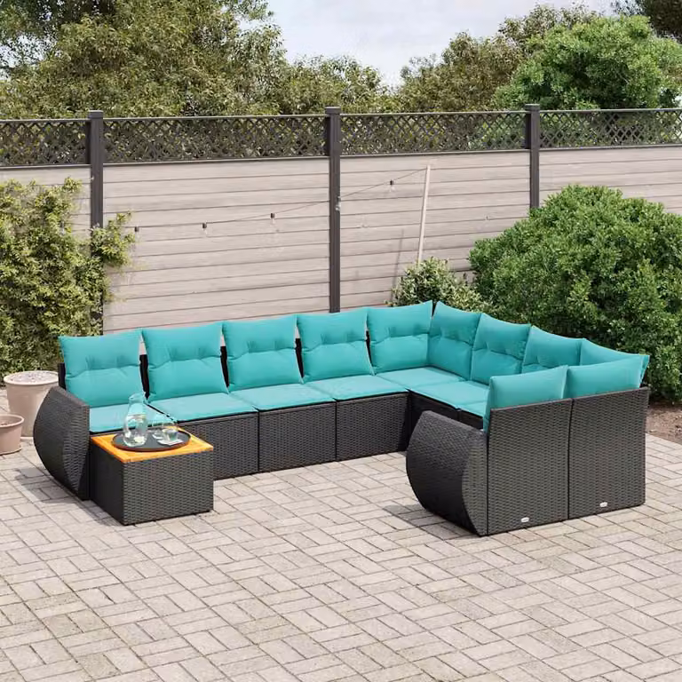 Set di divani da giardino vidaXL in polyrattan nero con cuscini e tavolino da esterno a forma di U