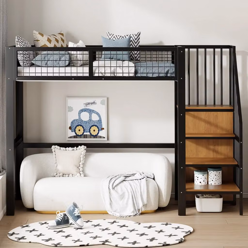 Letto a soppalco singolo OKWISH in metallo e MDF nero con scala, armadio e vani laterali, L/P/H: 200 x 90 x 176 cm – 2