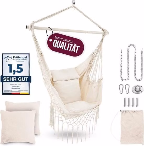 Sedia da Sospensione - Nido da Sospensione Interno ed Esterno - Incluso 2 Cuscini - Adulti e Bambini - Sedia da Sospensione fino a 150kg - Beige