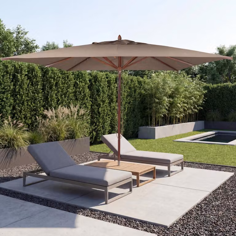 Ombrellone da ristorante HWC-C57b, ombrellone da giardino, poliestere/legno 29 kg, quadrato 4x4 m, resistente agli urti con corda ~ taupe