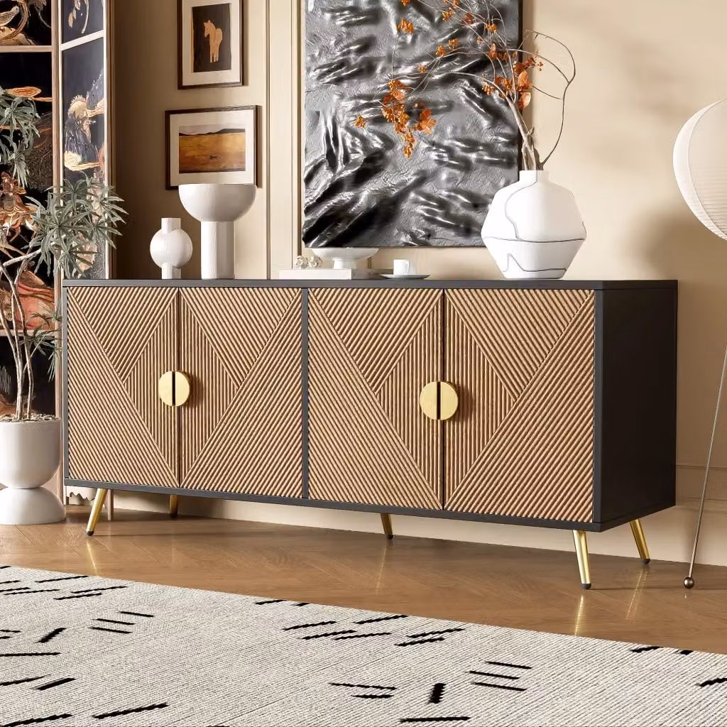 Credenza moderna con 4 ante e cerniere a chiusura ammortizzata per soggiorno, sala da pranzo o camera, L 160 x P 40 x H 75 cm, disponibile in nero o marrone opaco – 2