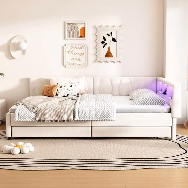 Letto matrimoniale moderno in lino e MDF beige con illuminazione LED sottostante, porte USB, ripiani e cassetti, L/P: 140 x 200 cm