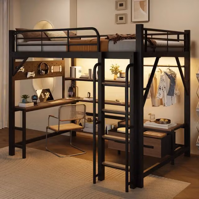 Letto a soppalco ¨C Minimal ¨C nero metallo 140x200 cm con led scrivania cassetti