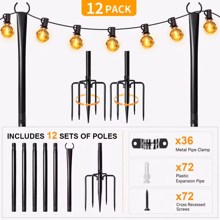 Pali per luci decorative – Illuminazione esterna – Set da 12 pezzi – Realizzati in resistente plastica ABS – Impermeabili – Altezza regolabile – Con picchetto per il fissaggio a terra – Ideali per giardino e terrazza