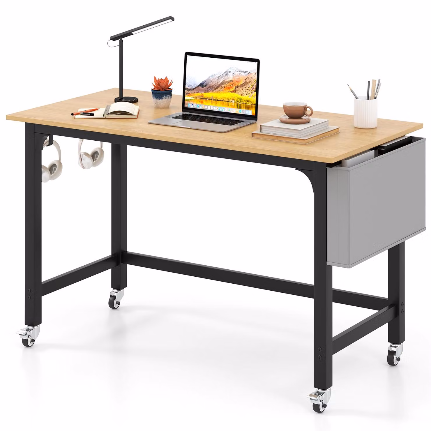 COSTWAY Scrivania, scrivania per computer con 4 ruote, borsa in tessuto e gancio per cuffie, tavolo da lavoro, tavolo da ufficio su ruote, tavolo per PC, 120x60x75cm, natura