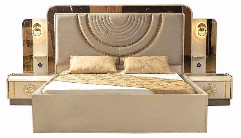 Letto imbottito con luci a LED, dettagli dorati e 2 comodini in stile Art Déco