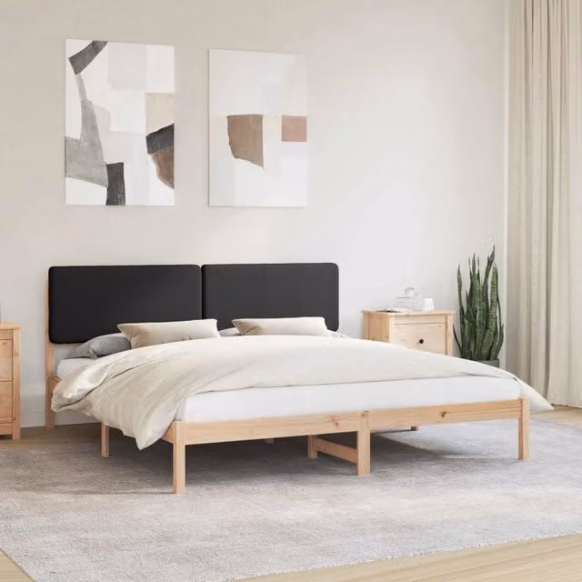 Letto matrimoniale moderno vidaXL in pino massello con testiera rivestita in tessuto nero L/P/H: 200 x 200 x 84,5 cm – 1