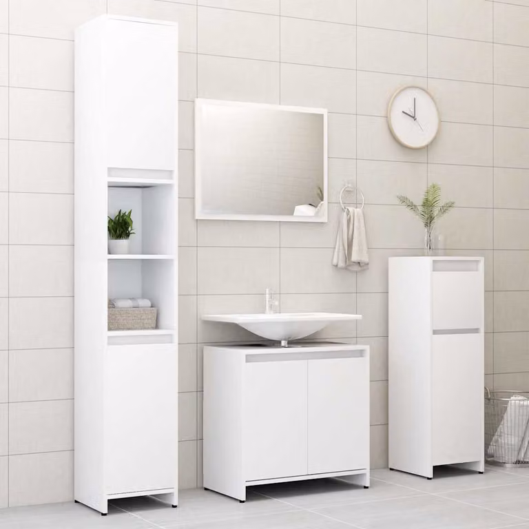 Set di mobili da bagno vidaXL composto da 4 pezzi in MDF bianco opaco con armadio alto, pensile e mobile lavabo