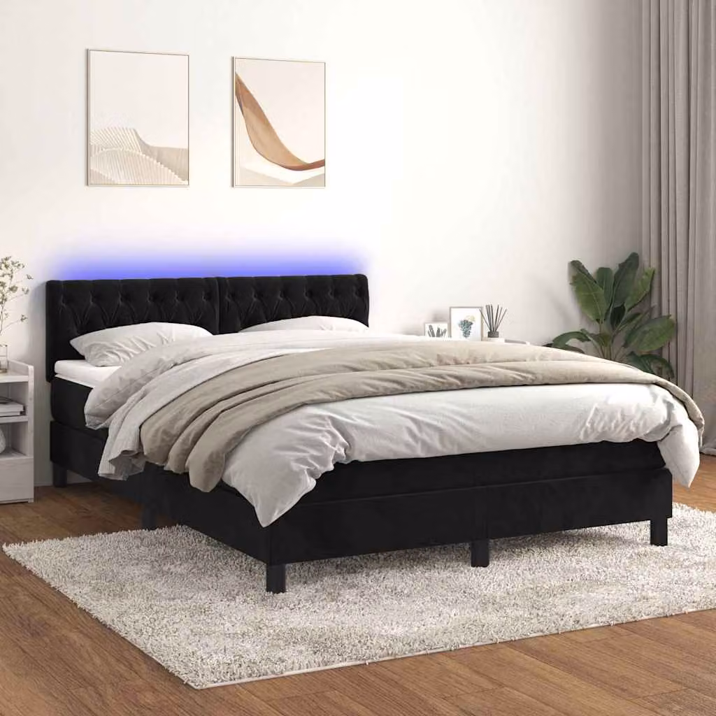 Letto Ibrido vidaXL con Materasso, Illuminazione LED e Porte USB, Rivestimento in Velluto Nero, L/P: 140 x 200 cm – 1