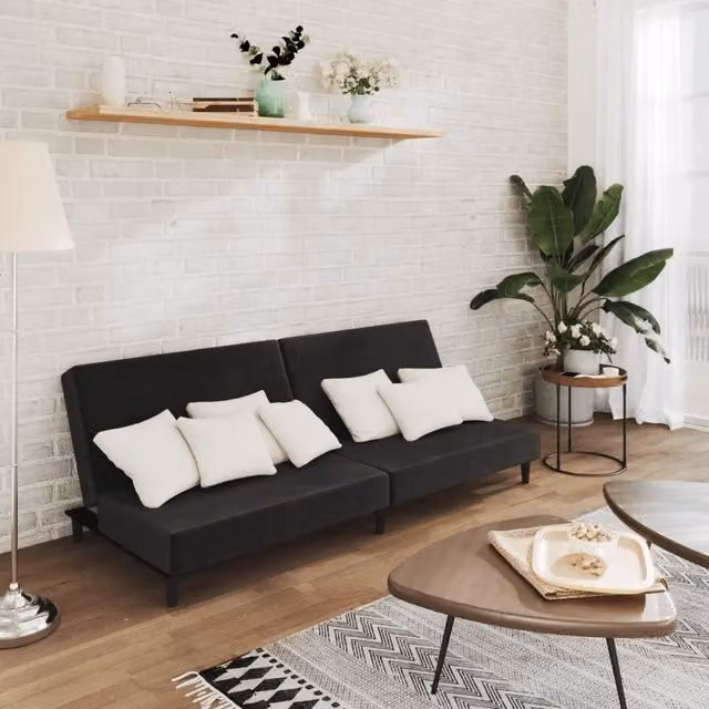 Divano Letto Click-Clack vidaXL in Velluto Nero con Struttura in Legno Solido e Poggiatesta Regolabile, Dimensioni Letto: 100 x 200 cm
