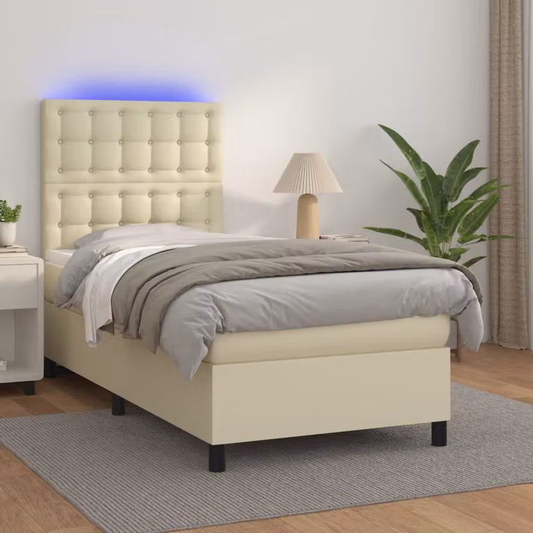 vidaXL Letto Ibrido con Giroletto a Molle, Materasso e Illuminazione LED in Similpelle Beige e Bianco, L/P: 90 x 200 cm