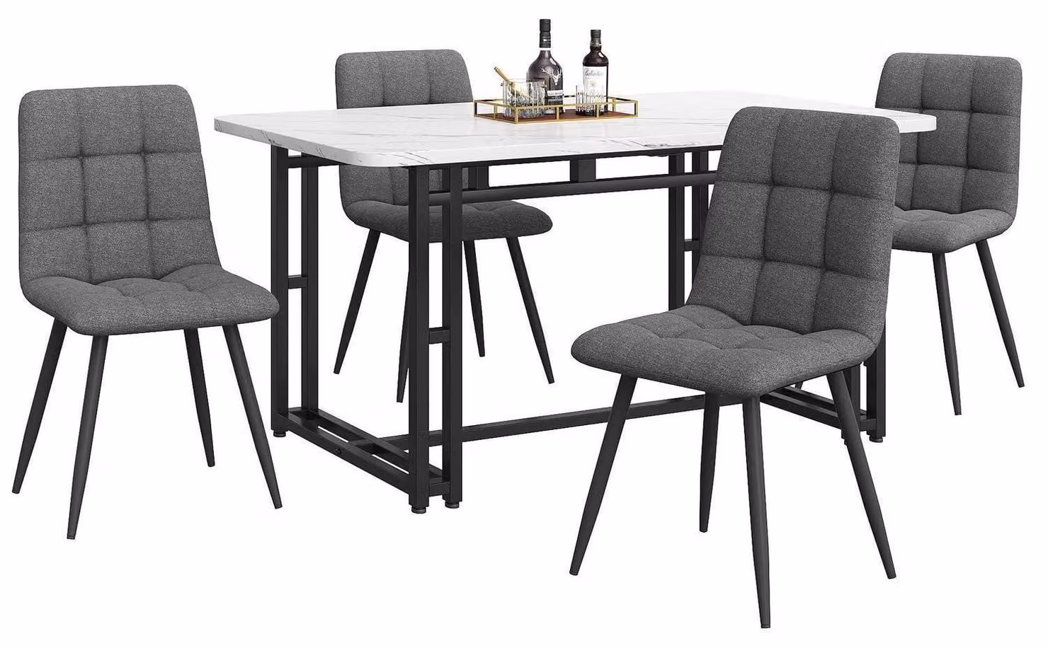 Set da pranzo composto da un tavolo rettangolare e 4 sedie, colore grigio e nero, tessuto: lino, dimensioni: 140x80x74 cm