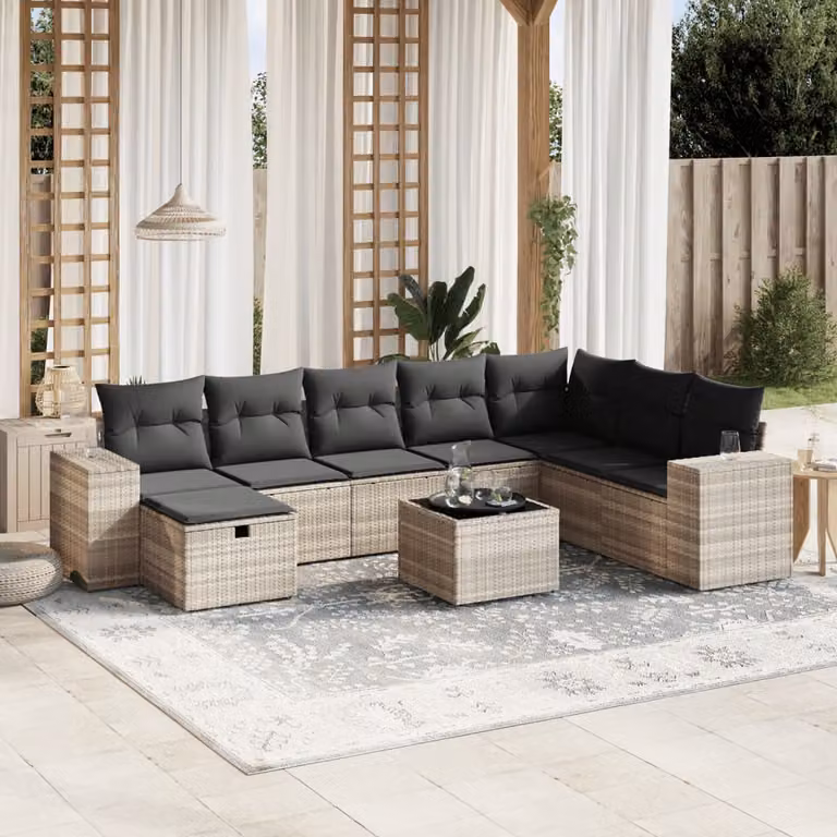 Set Divano da Giardino vidaXL 9pz a Forma di L con Cuscini Grigio Chiaro e Tavolino in Vetro