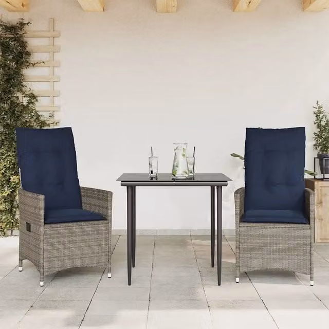Set di 2 sedie da giardino reclinabili vidaXL in polyrattan grigio con cuscini blu e resistenti ai raggi UV – 1