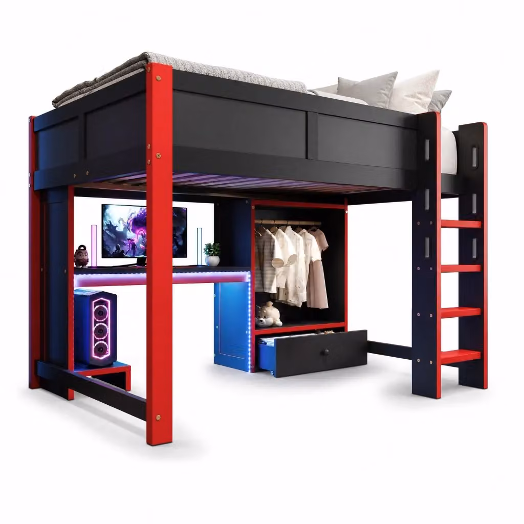 Letto a soppalco moderno con scrivania, armadio, ripiani e illuminazione LED, nero e rosso, L/P/H: 200 x 140 x 205 cm – 2