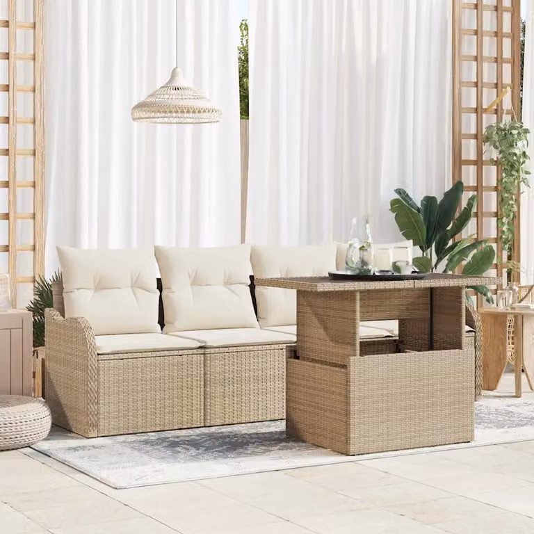 Set Divano da Giardino vidaXL a Forma di L con Tavolino, 5 Pezzi, Beige e Bianco