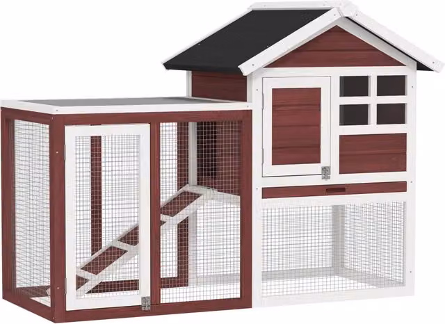 Casetta per conigli da giardino Minimal in legno con rampa, resistente alle intemperie, Marrone e Bianco, L 123,5 cm x P 62,6 cm x H 92,5 cm – 1
