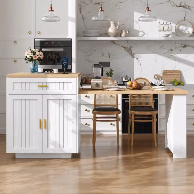 Isola cucina allungabile con presa integrata, 121,5-192 cm, bianca
