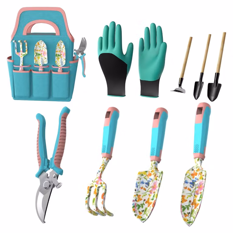Set attrezzi da giardino set di utensili da giardino - 9 pezzi - Alluminio - Con borsa da giardino
